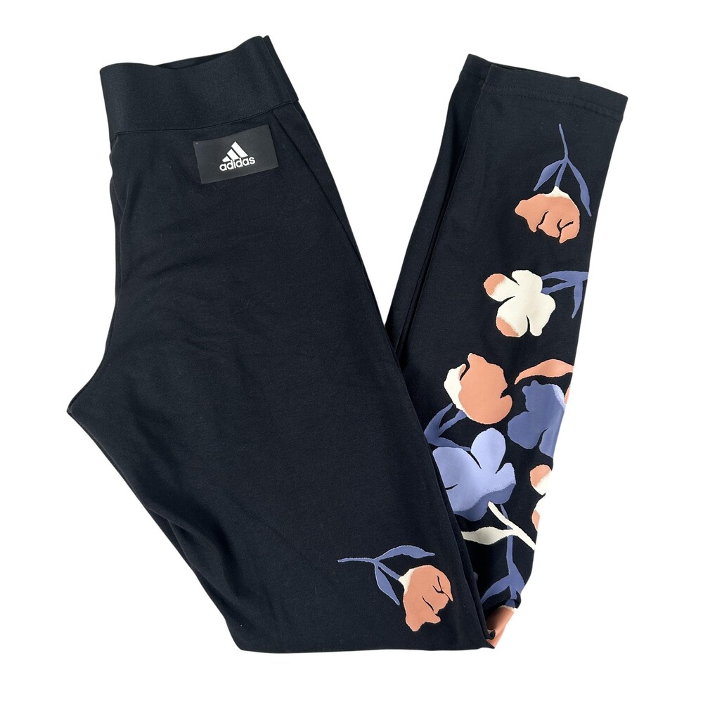 Adidas Leggings Womens XS Black Floral Print Mid Rise Stretch Ankle Yoga Gym